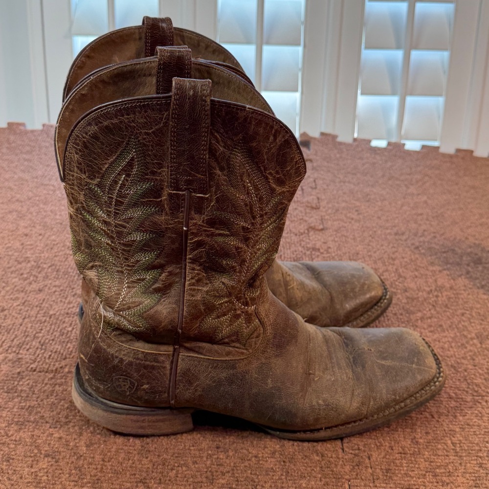 Ariat Mens Sport Western Boots Brown Leather Square Toe Green Stitch 12D